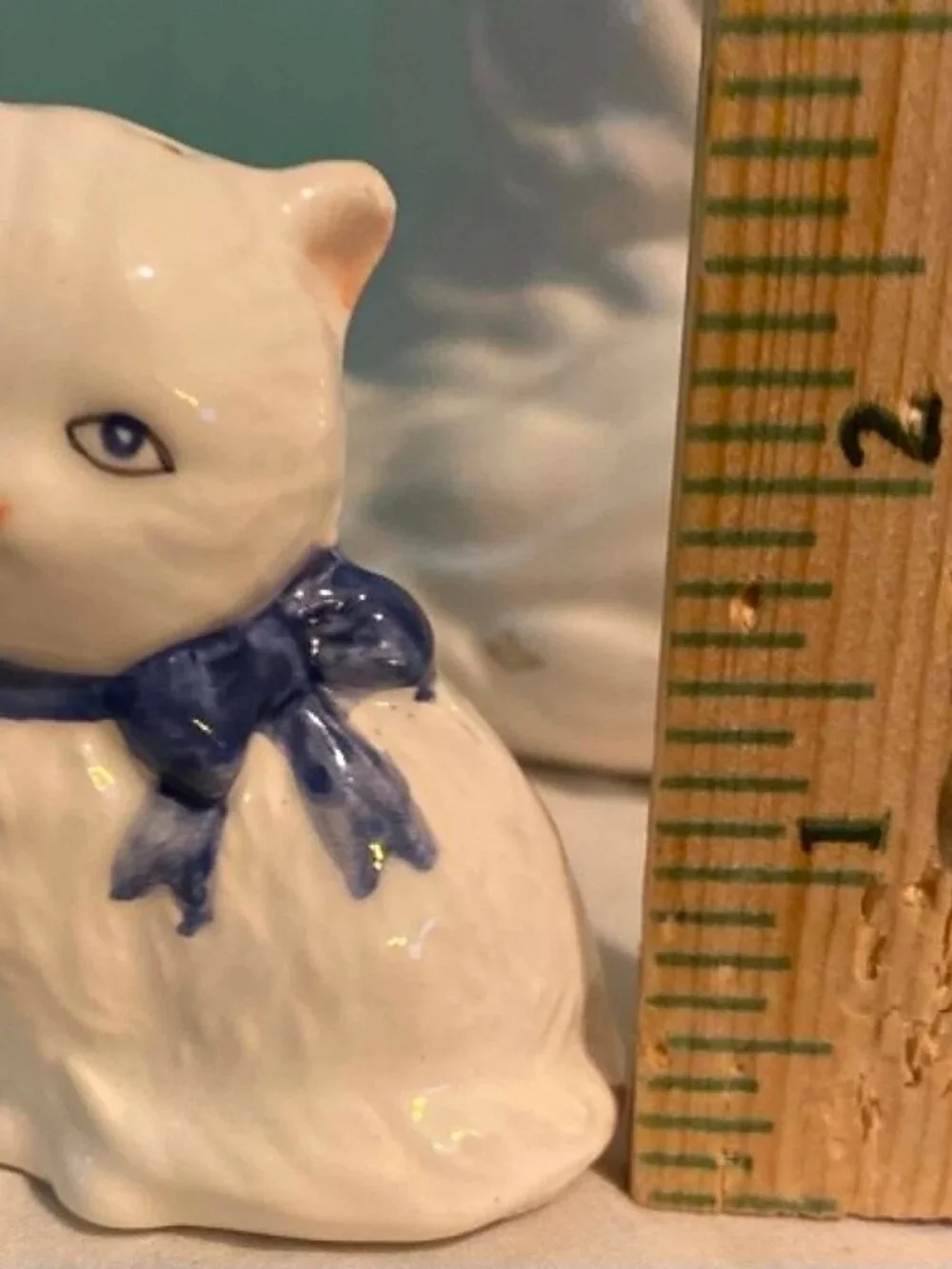 Vintage Ceramic White Cat Cookie Jar & Salt Pepper Shakers Blue Bow 3 Pc Set